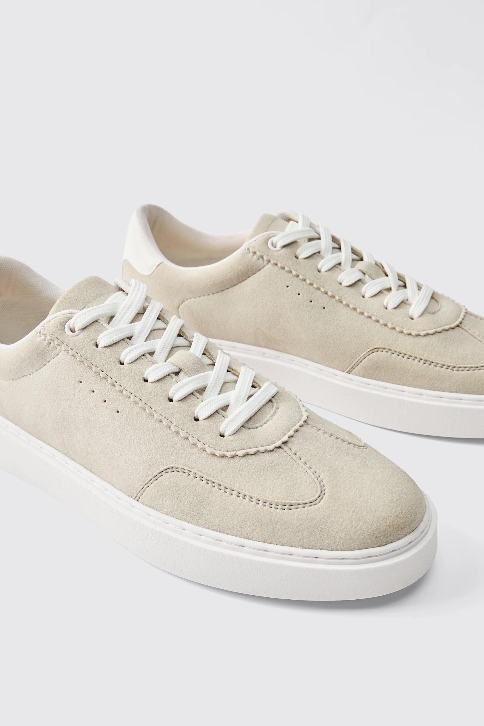 Faux Suede Panel Trainer In Stone | boohooMAN USA Product Image