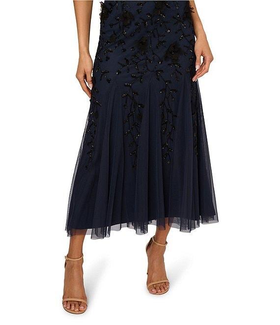 Adrianna Papell Square Neck Sleeveless Bead Mesh Godet Hem Sheath Tea Length Dress Product Image