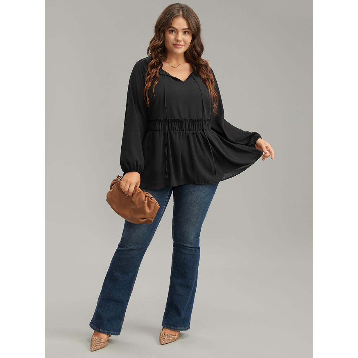 Plus Size Black Anti-Wrinkle Plain Shirred Frill Trim Gathered Tie Neck Blouse Women Casual Long Sleeve Tie Neck Everyday Blouses BloomChic 22-24/3X Product Image