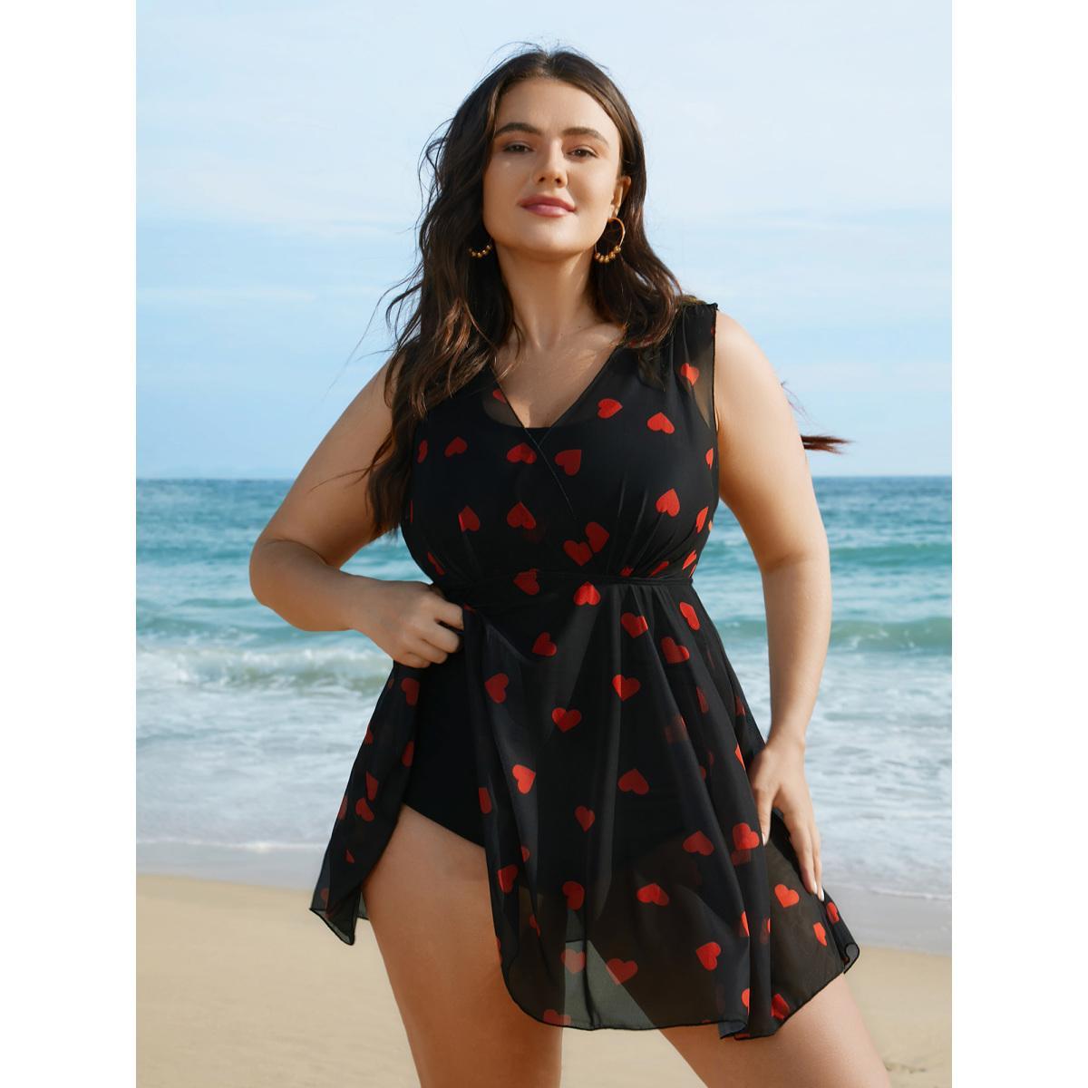 Plus Size Sheer Hearts Mesh Wrap Neck Swim Dress Women's Swimwear Black Beach Bodycon Overlap Collar High stretch Curve Swim Dresses BloomChic 30/6X Product Image