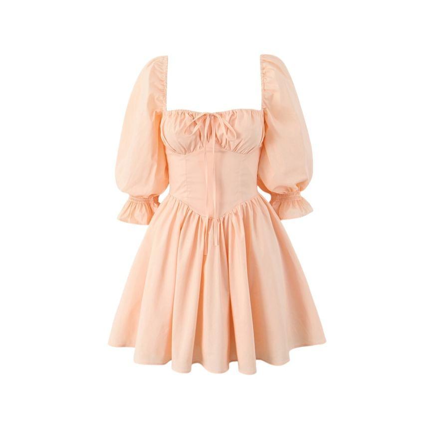 Puff-Sleeve Square Neck Plain Mini A-Line Dress Product Image