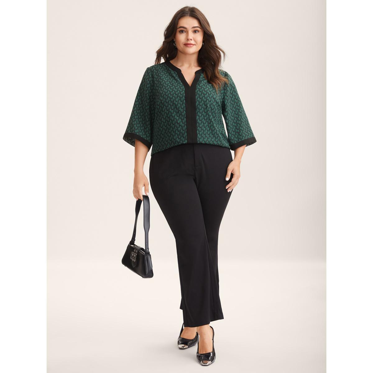 Plus Size DarkGreen Geometric Print Color Contrast Blouse Women Elbow-length sleeve Flat collar with V-notch Work Blouses BloomChic 22-24/3X Product Image