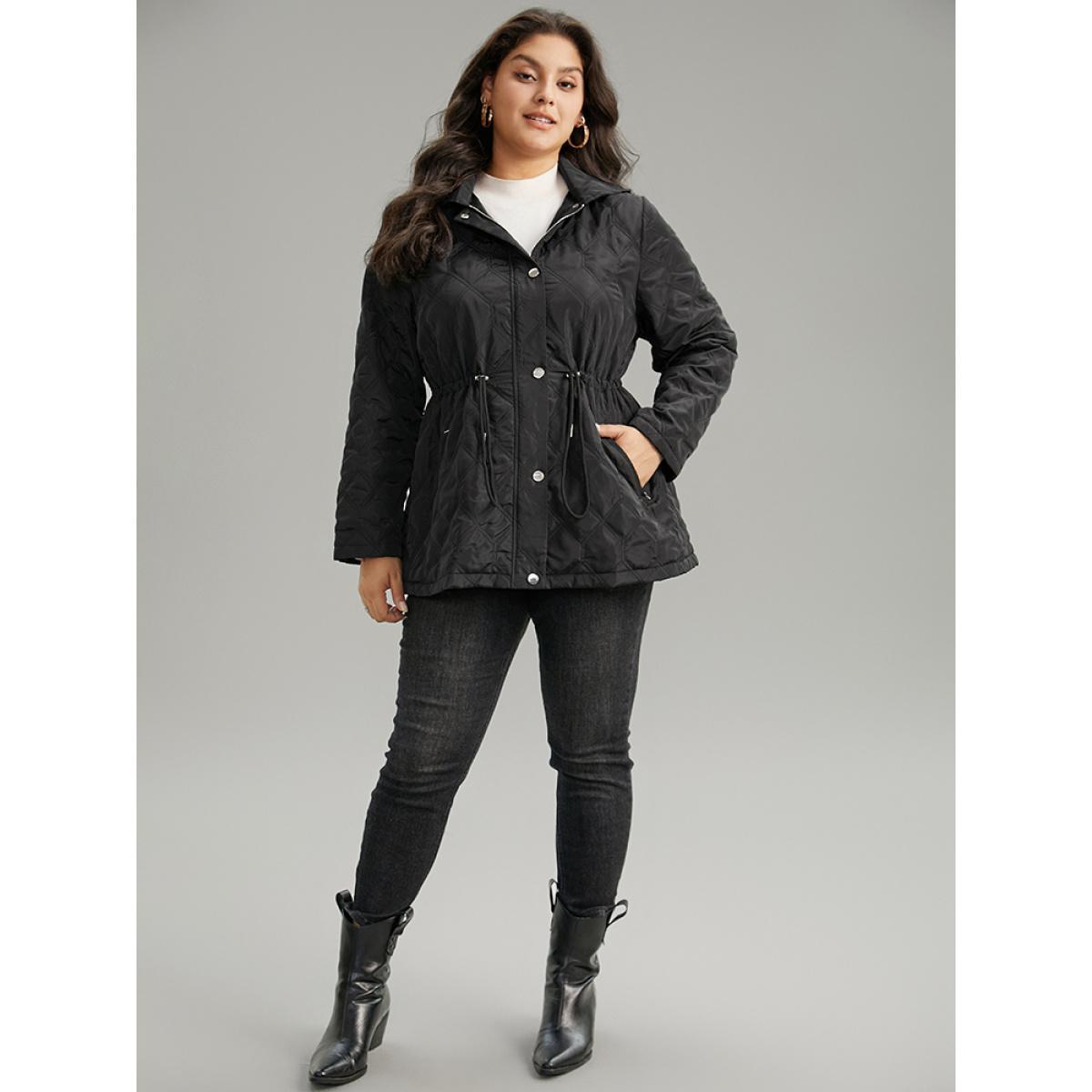 Plus Size Plain Button Up Drawstring Hooded Coat Women Black Casual Plain Ladies Dailywear Winter Coats BloomChic 12/L Product Image