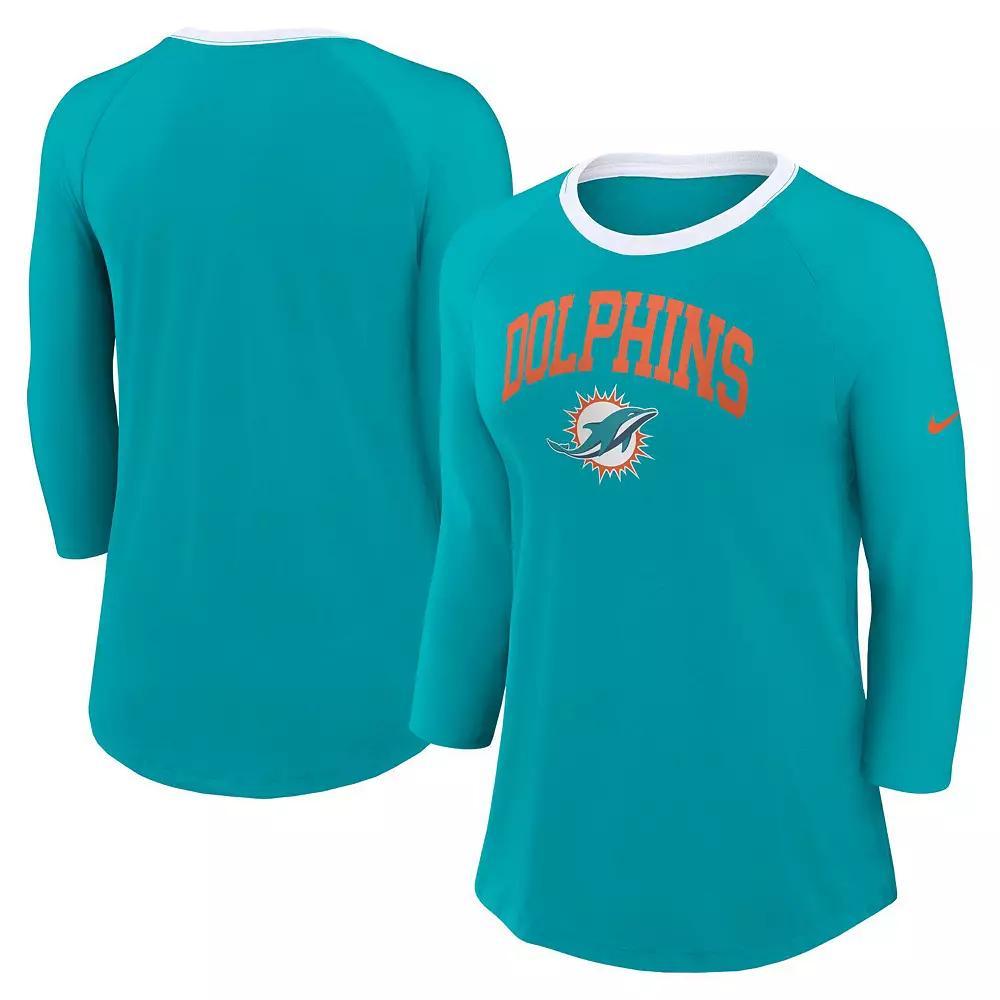 Women's Nike Aqua Miami Dolphins Raglan 3/4 Sleeve T-Shirt, Size: Small, Turquoise A Product Image