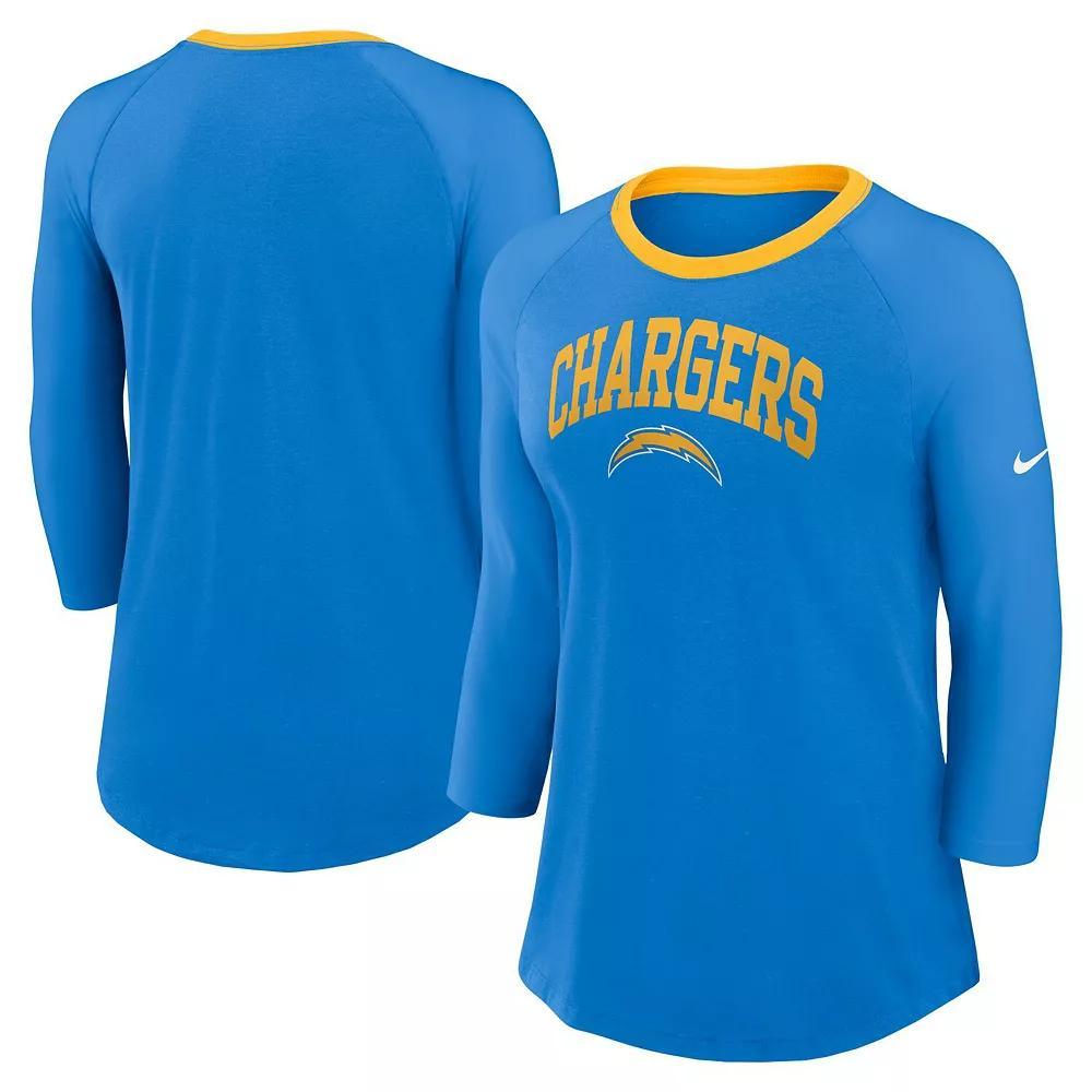 Women's Nike Powder Blue Los Angeles Chargers Raglan 3/4 Sleeve T-Shirt, Size: Small, Light Product Image