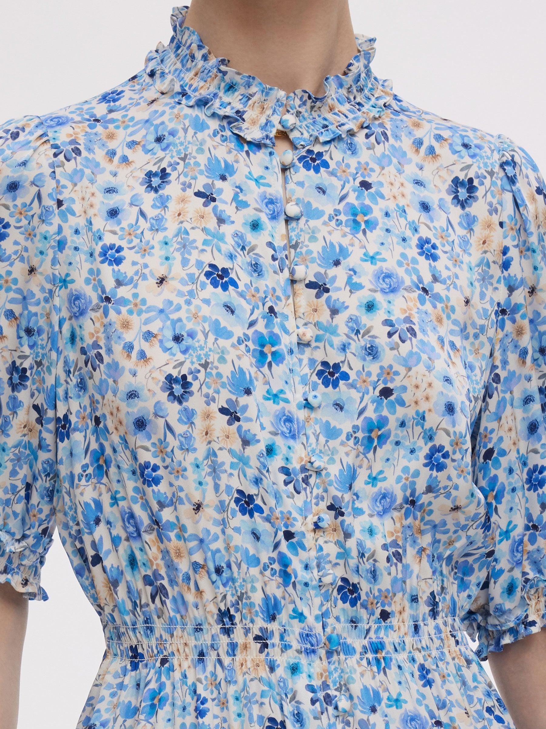 19MM Mulberry Silk Floral Print Ruffle Collar Maxi Dress Product Image