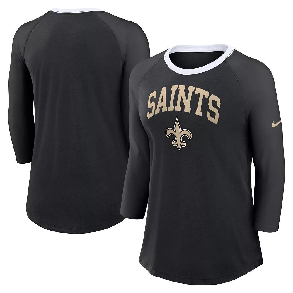 Women's Nike Black New Orleans Saints Raglan 3/4 Sleeve T-Shirt, Size: 2XL Product Image