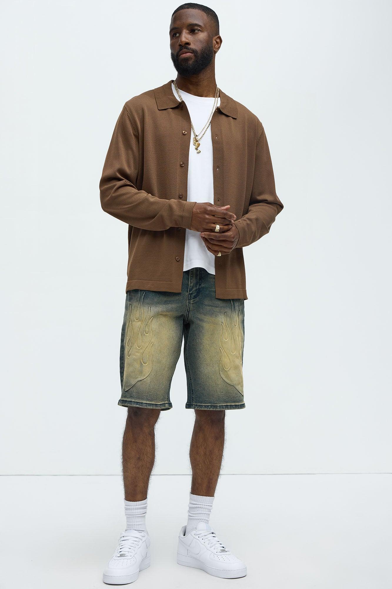 Relaxed Embossed Flame Denim Shorts - Vintage Blue Wash Product Image