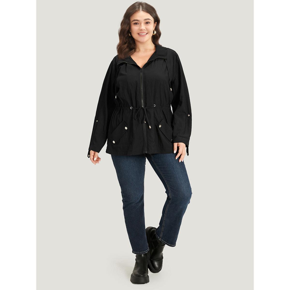 Plus Size Plain Hooded Zipper Drawstring Tab Sleeve Coat Women Black Plain Pocket Everyday Jackets BloomChic 14-16/1X Product Image