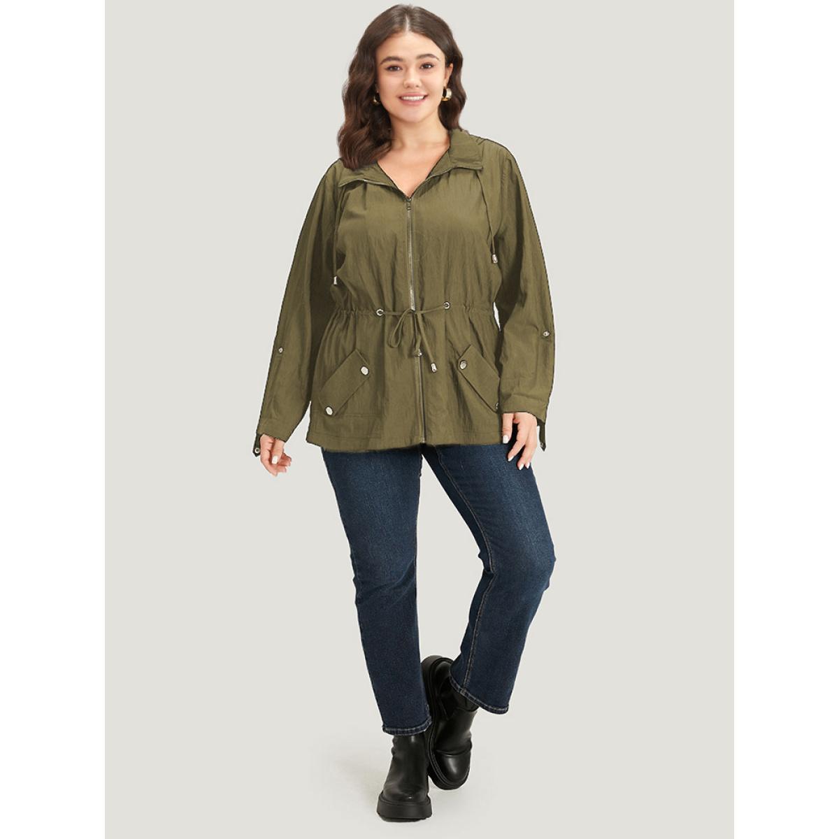 Plus Size Plain Hooded Zipper Drawstring Tab Sleeve Coat Women ArmyGreen Plain Pocket Everyday Jackets BloomChic 22-24/3X Product Image