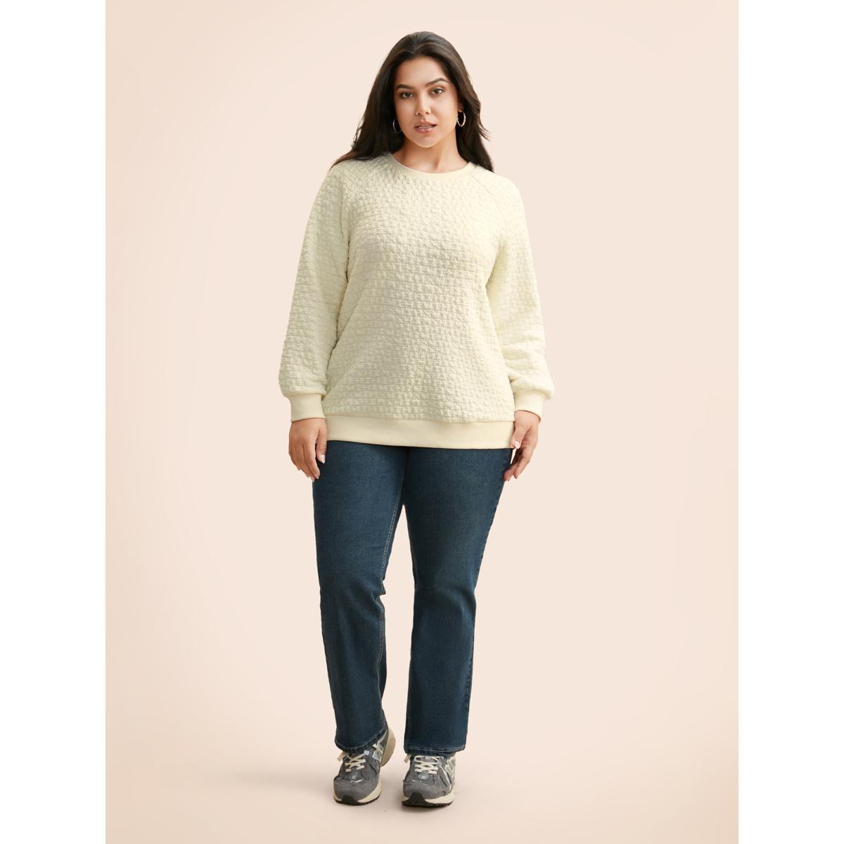 Plus Size Plain Textured Raglan Sleeve Sweatshirt Women Beige Casual Texture Loose Round Neck Everyday Sweatshirts BloomChic 14-16/1X Product Image