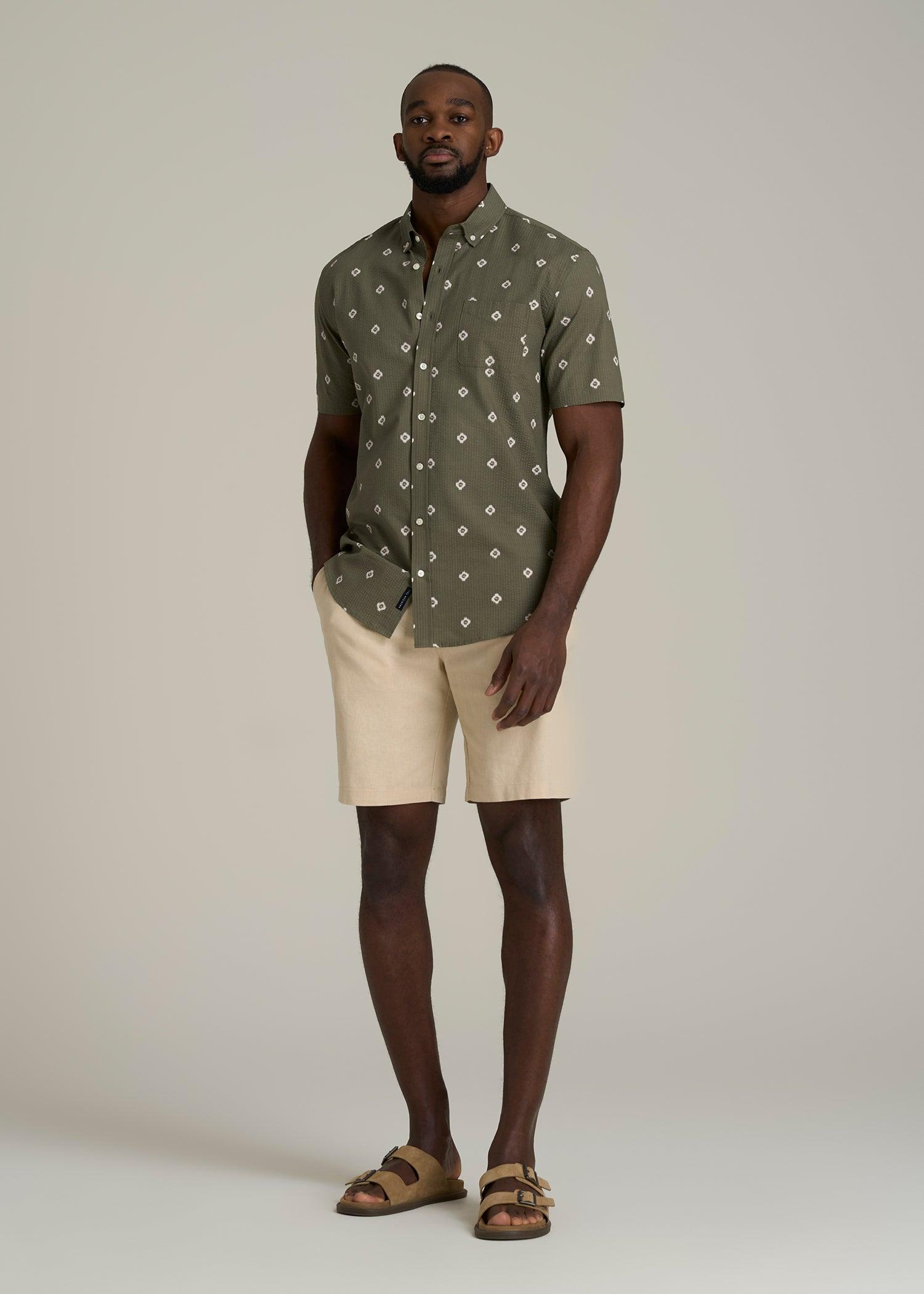 Seersucker Tall Men's Short Sleeve Shirt in Olive and Beige Floral Male Product Image