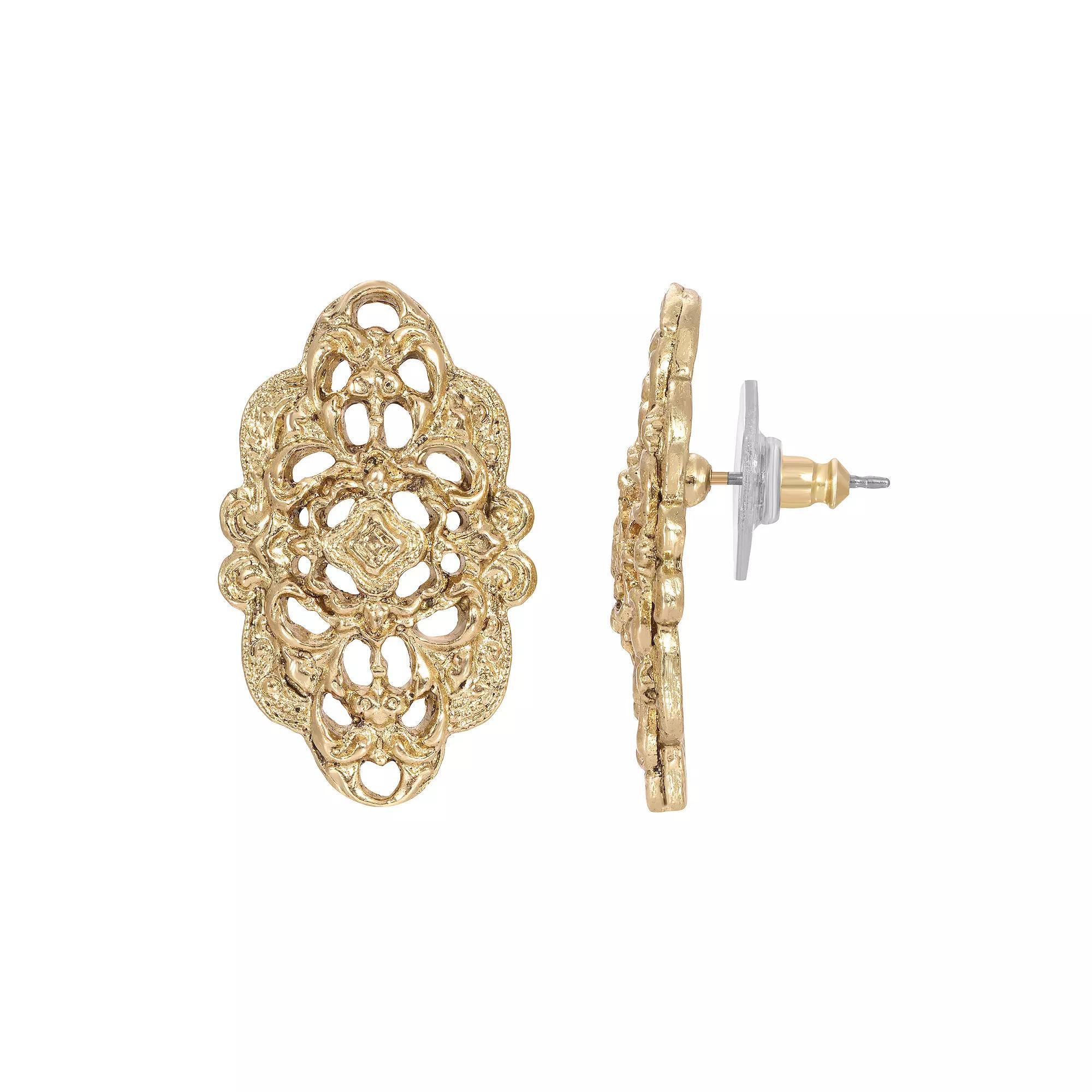1928 Gold Tone Filigree Button Earrings, Womens Product Image