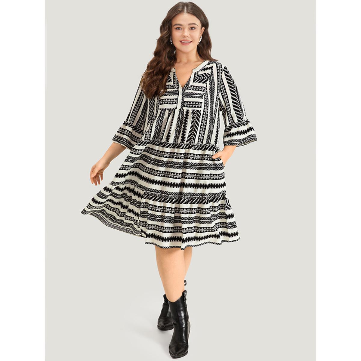 Plus Size Bandana Striped Pocket Button Detail Notched Patchwork Dress White Women Vacation Printed V-neck Elbow-length sleeve Curvy Midi Dress BloomChic 12/L Product Image