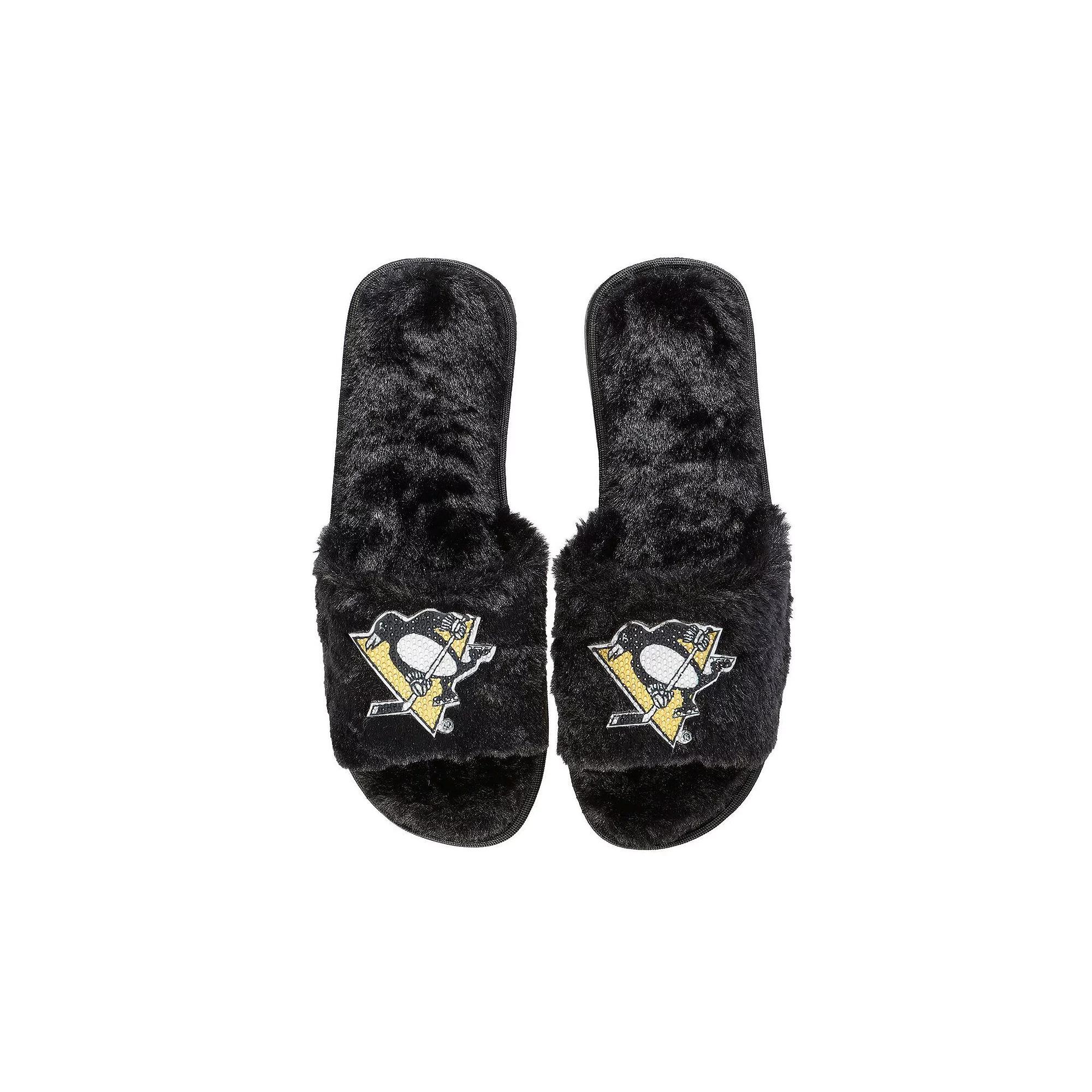 Women's FOCO Black Pittsburgh Penguins Rhinestone Fuzzy Slippers, Size: XL Product Image