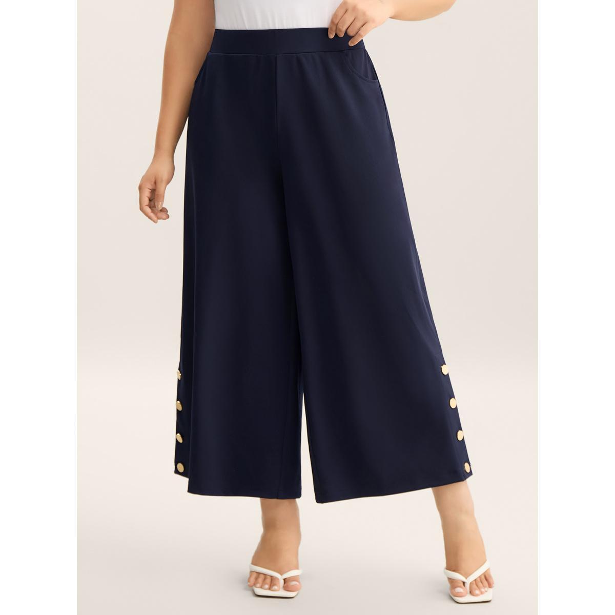 Plus Size Button Detail Wide-Leg Pull-On Pants Women Indigo Elegant Wide Leg Mid Rise Everyday-Elegant Pants BloomChic 28/5X Product Image