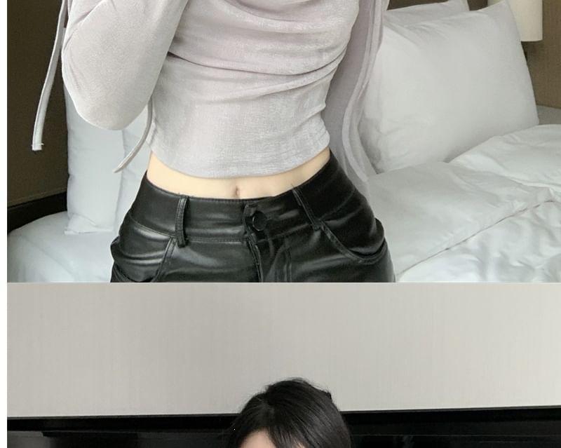 Long-Sleeve Cold Shoulder Plain Crop Top Product Image