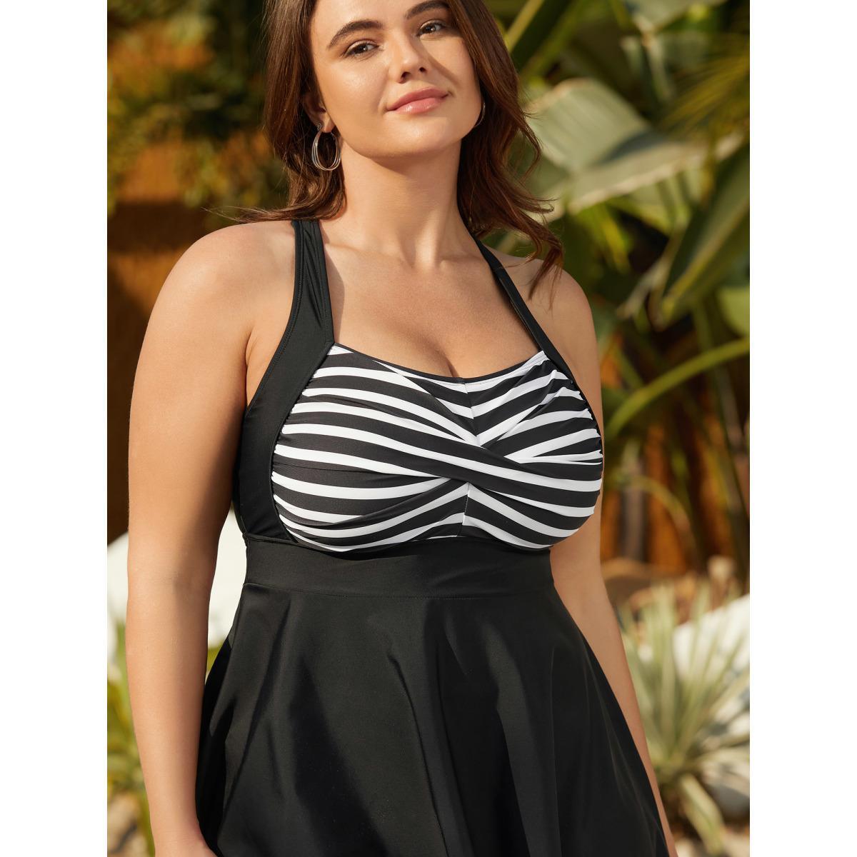 Plus Size Striped Twist Front Patchwork Swim Dress Women's Swimwear Black Beach Bodycon Heart neckline High stretch Curve Swim Dresses BloomChic 10/M Product Image