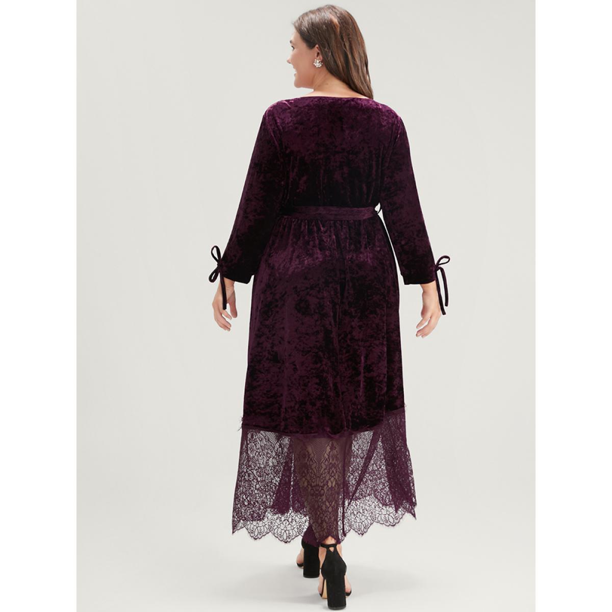 Plus Size Solid Pocket Contrast Lace Scalloped Trim Belted Velvet Dress Eggplant Women Glamour Belted V-neck Elbow-length sleeve Curvy Long Dress BloomChic 12/L Product Image
