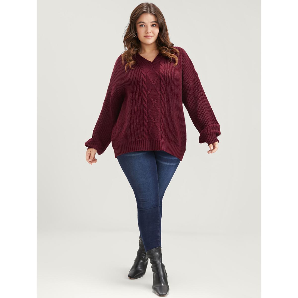 Plus Size Solid Pointelle Knit V Neck Loose Geometric Cable Knit Top Rust Women Elegant Loose Long Sleeve Dailywear Pullovers BloomChic 12/L Product Image