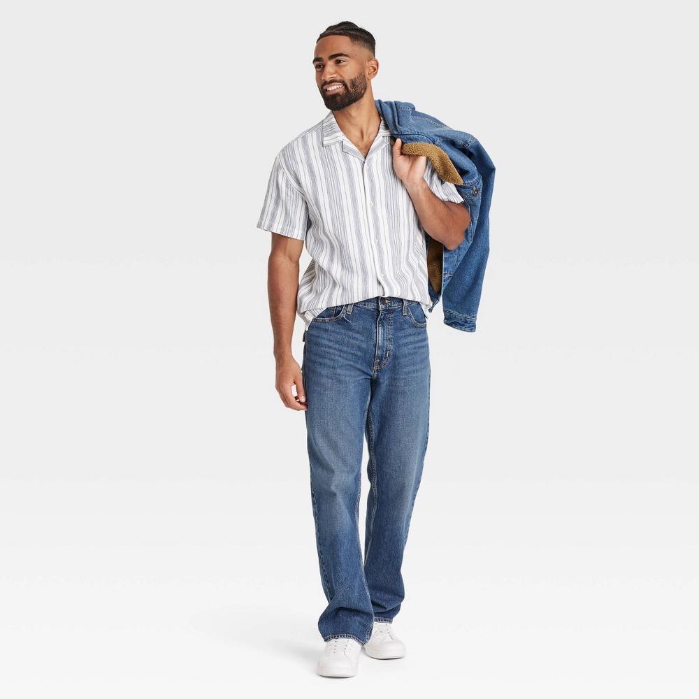 Men's Striped Short Sleeve Slub Camp Button-Down Shirt - Goodfellow & Co™ Ivory L: Casual Woven Cotton Product Image