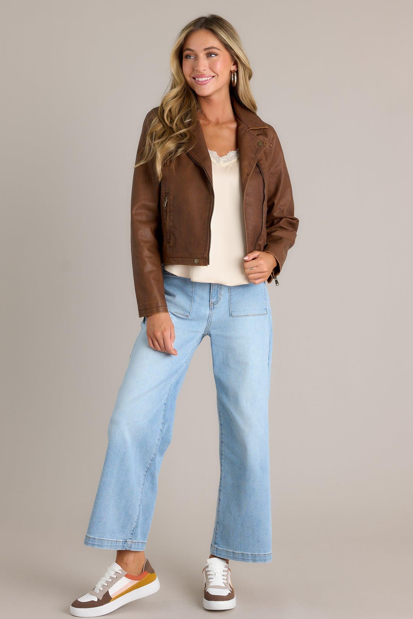 Let's Ride Brown Faux Leather Moto Jacket Product Image