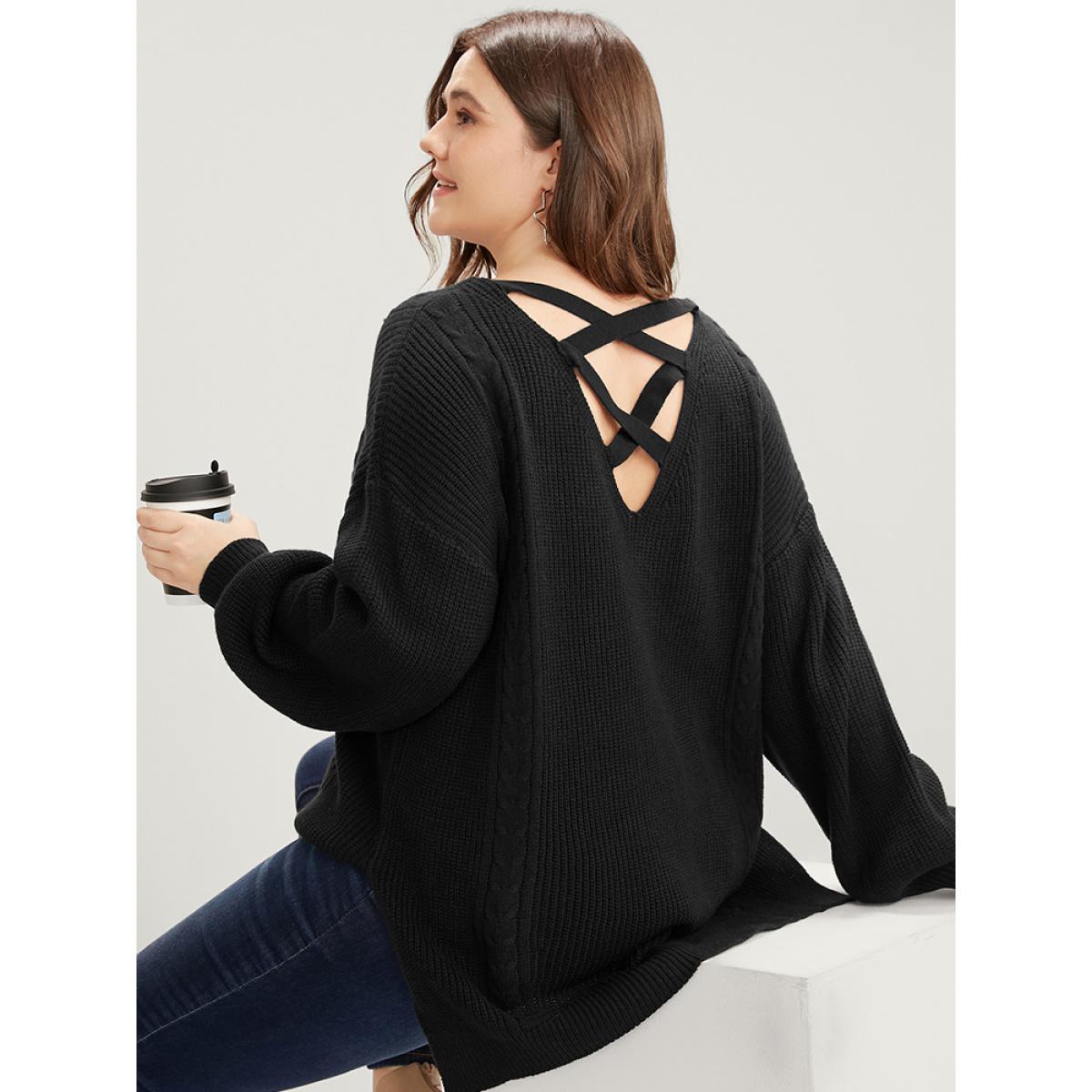 Plus Size Solid Pointelle Knit Lantern Sleeve Cut Out Split Knit Top Black Women Casual Loose Long Sleeve V-neck Dailywear Pullovers BloomChic 22-24/3X Product Image