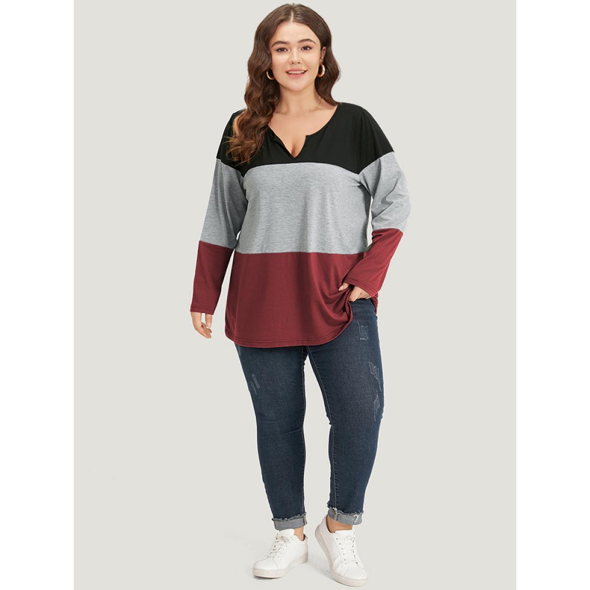 Plus Size Colorblock Contrast Notched Long Sleeve T-shirt Red Women Casual Contrast Plain Notched collar Dailywear T-shirts BloomChic 12/L Product Image