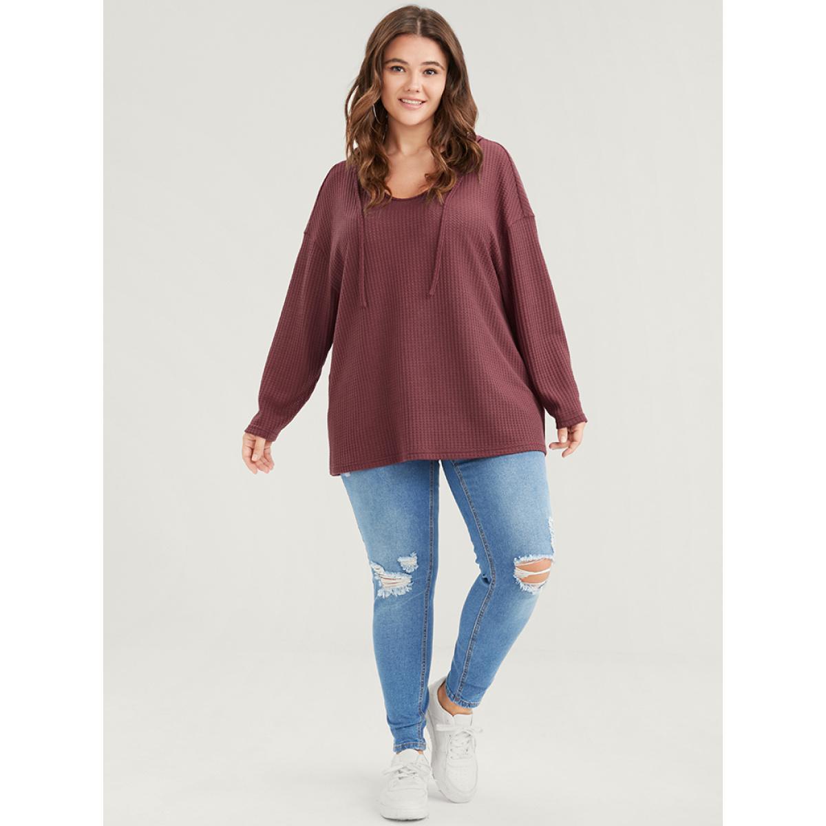 Plus Size Plain Ties Waffle Knit Hooded Sweatshirt Women Scarlet Casual Plain Hooded Dailywear Sweatshirts BloomChic 12/L Product Image