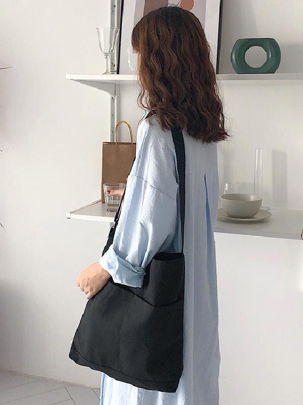 Simple Solid Color With-pockets Canvas Handbag Product Image