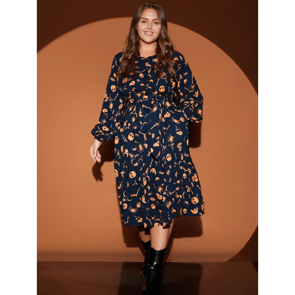 Plus Size Halloween Print Shirt Collar Pocket Button Up Belted Flutter Dress DarkBlue Women Elegant Printed Shirt collar Long Sleeve Curvy Midi Dress BloomChic 12/L Product Image