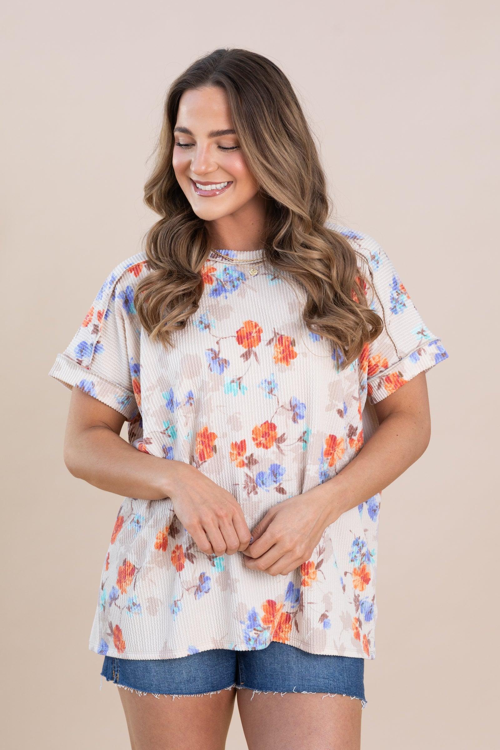 Beige Ribbed Short Sleeve Floral Knit Top Product Image