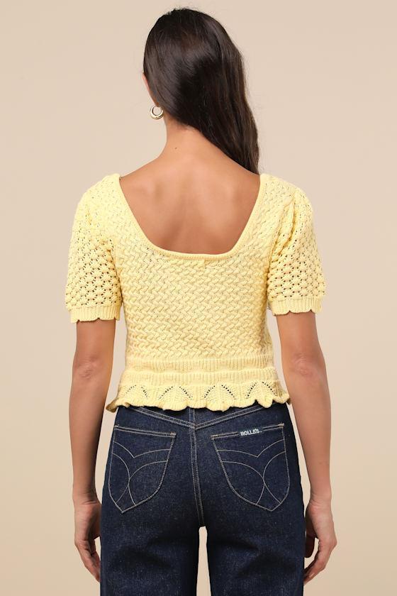 Lucky Cutie Bright Yellow Crochet Short Sleeve Sweater Top Product Image