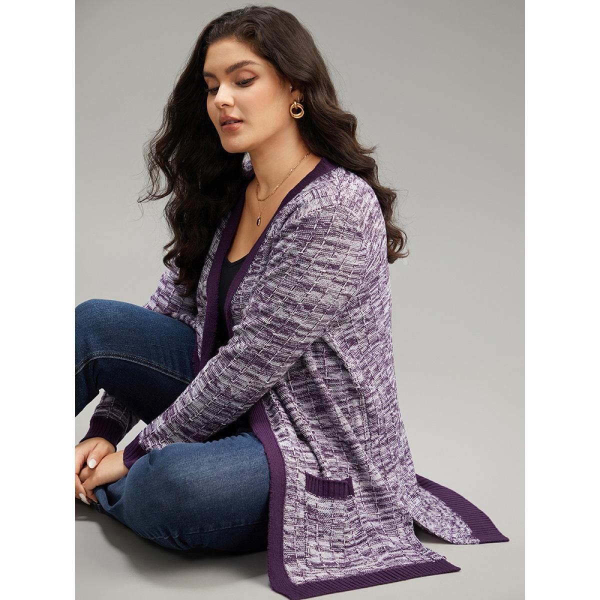 Plus Size Heather Split Side Patched Pocket Cardigan Eggplant Women Casual Loose Long Sleeve Dailywear Cardigans BloomChic 30/6X Product Image