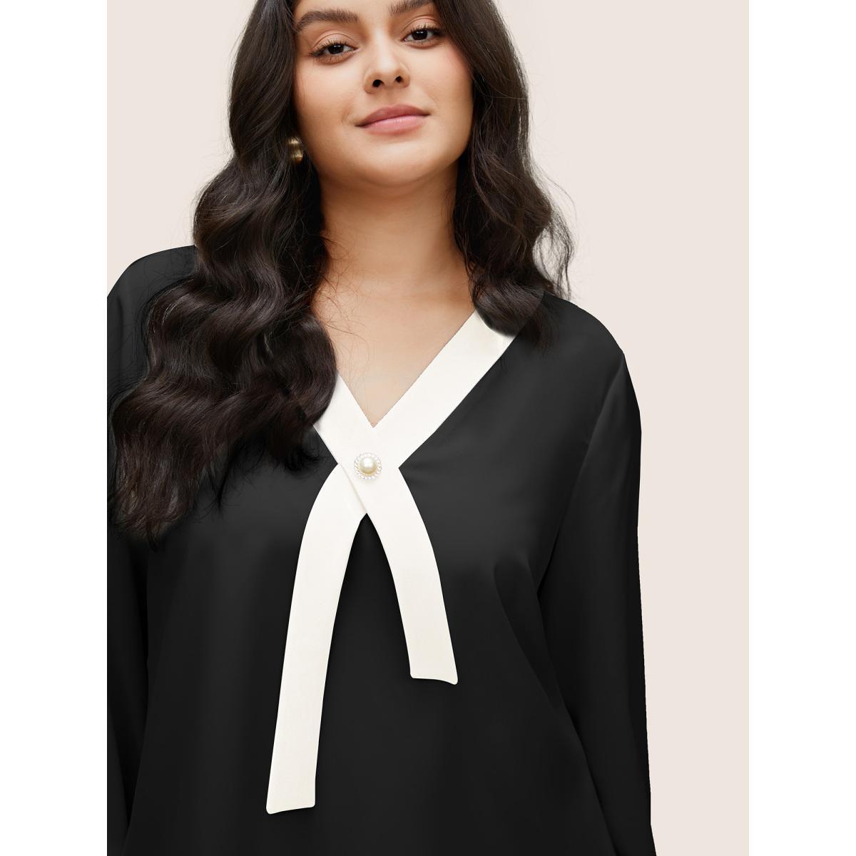Plus Size Black Contrast Pearl Decor Tie Decoration Blouse Women At the Office Long Sleeve V-neck Work Blouses BloomChic 28/5X Product Image