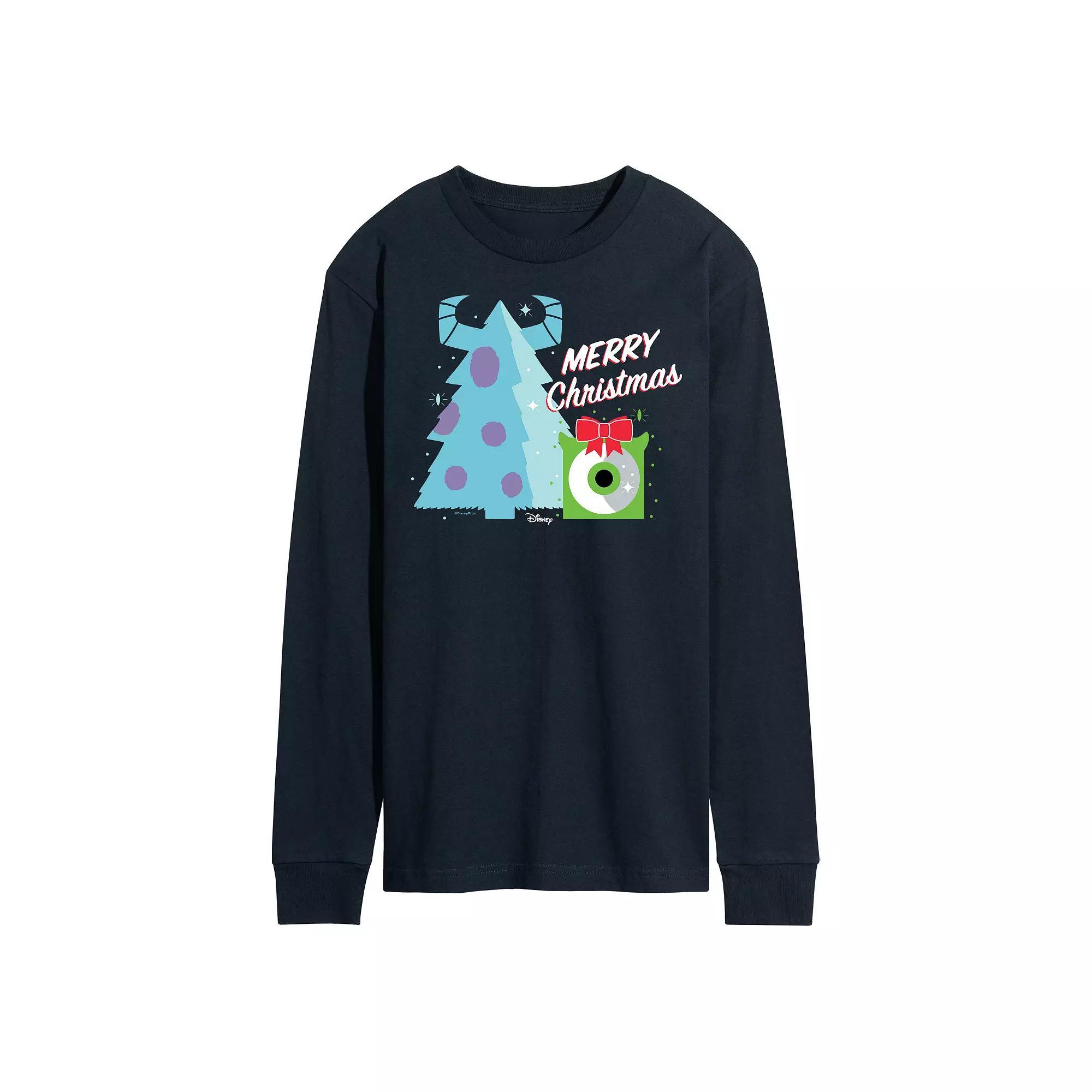 Disney / Pixars Monsters Inc. Mens Merry Christmas Long Sleeve Graphic Tee Blue Product Image