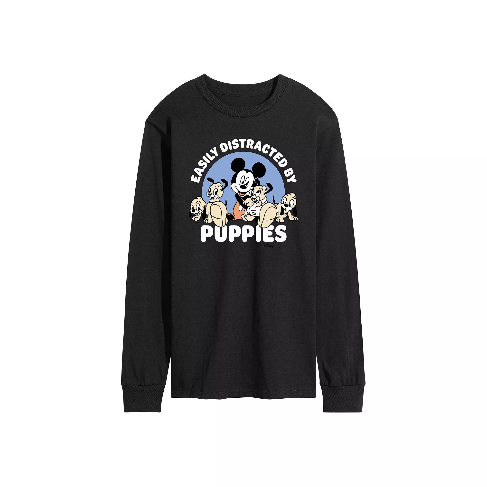 Disneys Mickey Mouse Mens Easily Distracted By Puppies Long Sleeve Graphic Tee Product Image