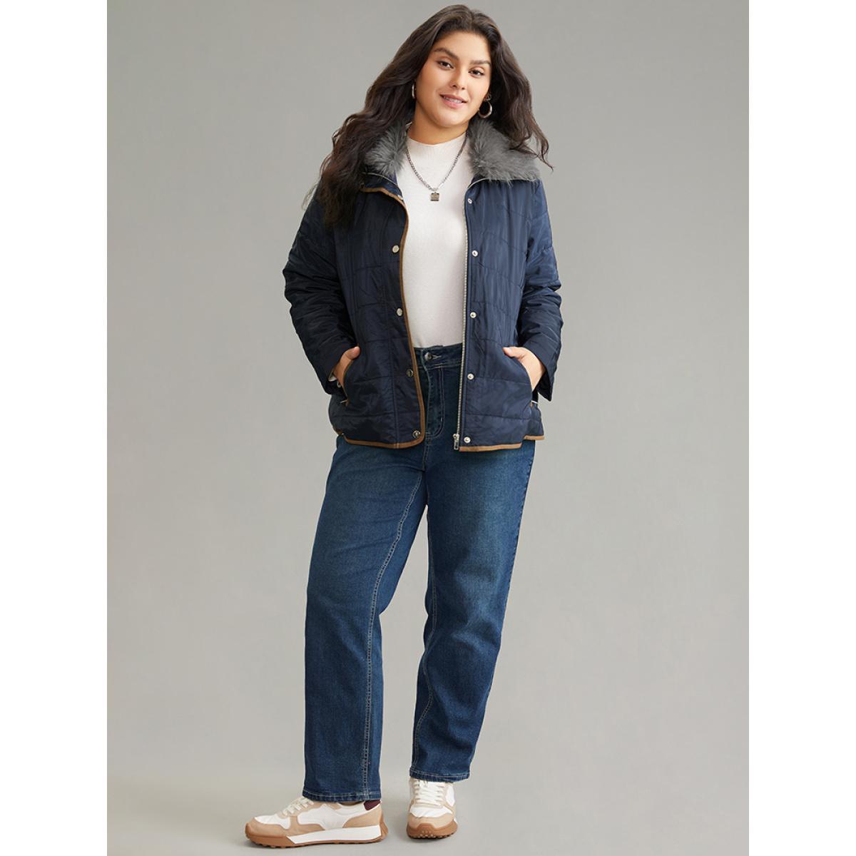 Plus Size Fuzzy Trim Patchwork Zipper Padded Jacket Women Indigo Zipper Pocket Dailywear Jackets BloomChic 28/5X Product Image