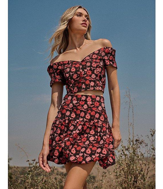 Sugarlips Floral Jacquard Off The Shoulder Neck Short Sleeve Coordinating Cropped Top Product Image