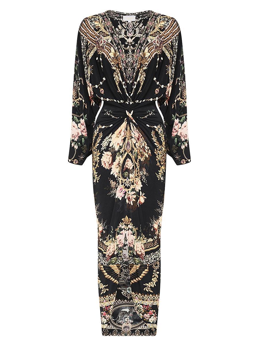Womens Floral Knit Long-Sleeve Twist-Front Midi-Dress Product Image