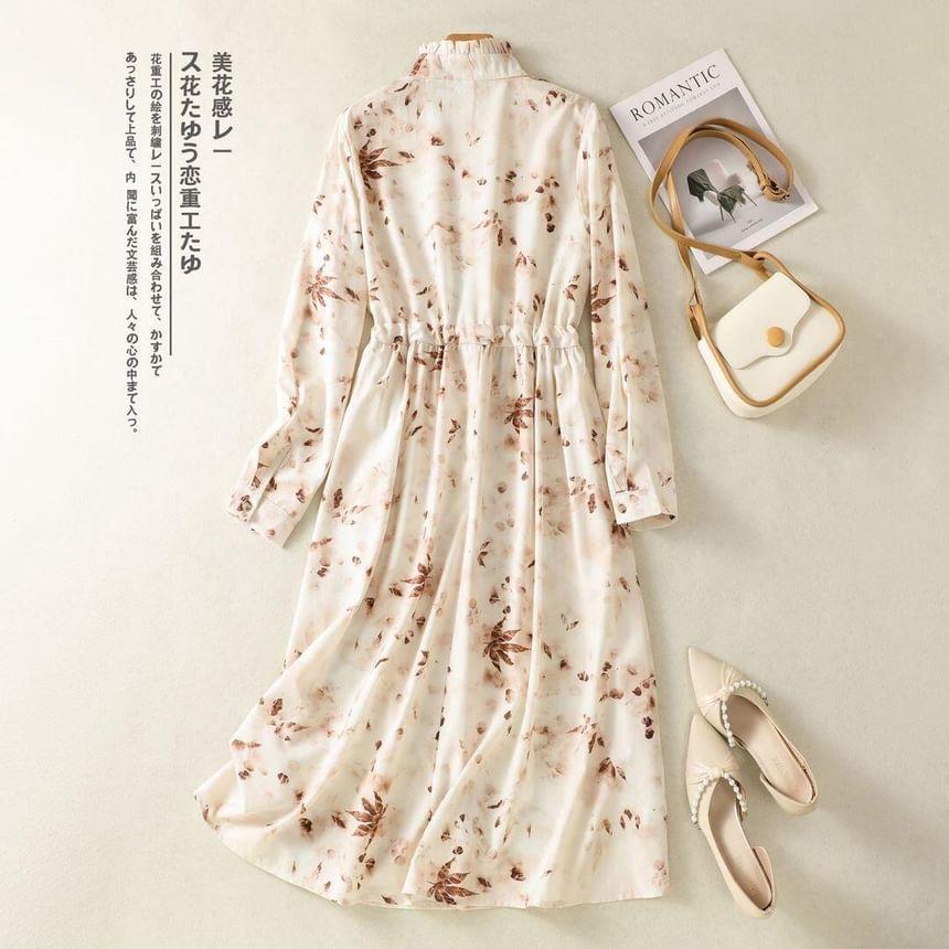Long-Sleeve Floral Print Midi A-Line Dress Product Image