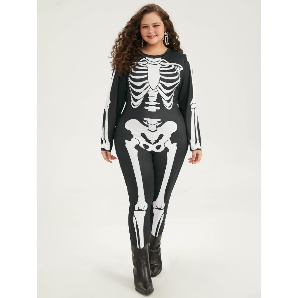 Plus Size Black Halloween Skull Print Skinny Crew Neck Jumpsuit Women Casual Long Sleeve Round Neck Festival-Halloween Loose Jumpsuits BloomChic 14-16/1X Product Image