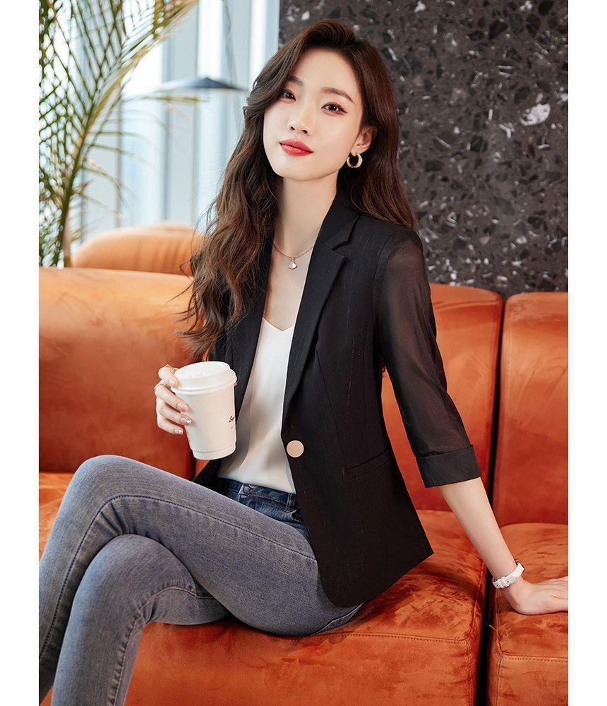 Elbow-Sleeve Plain Single-Button Blazer Product Image