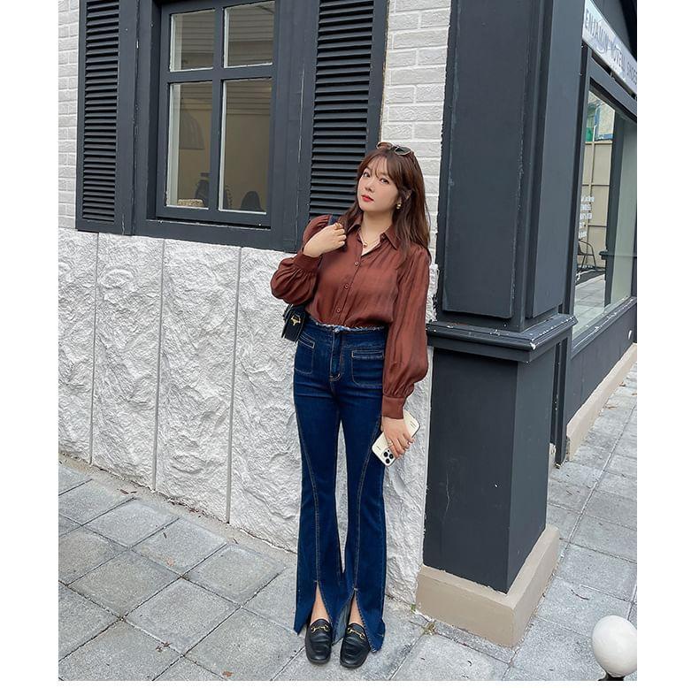 Plus Size High Waist Frayed Front-Slit Flared Jeans Product Image