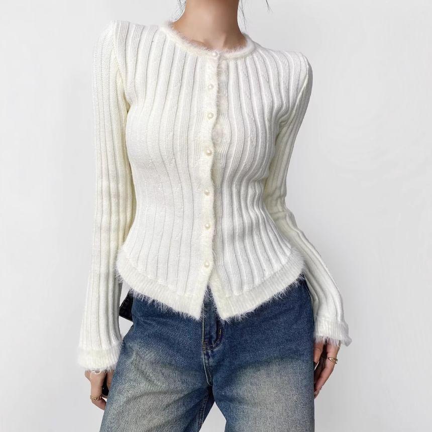Plain Ribbed Button-Up Cardigan Product Image