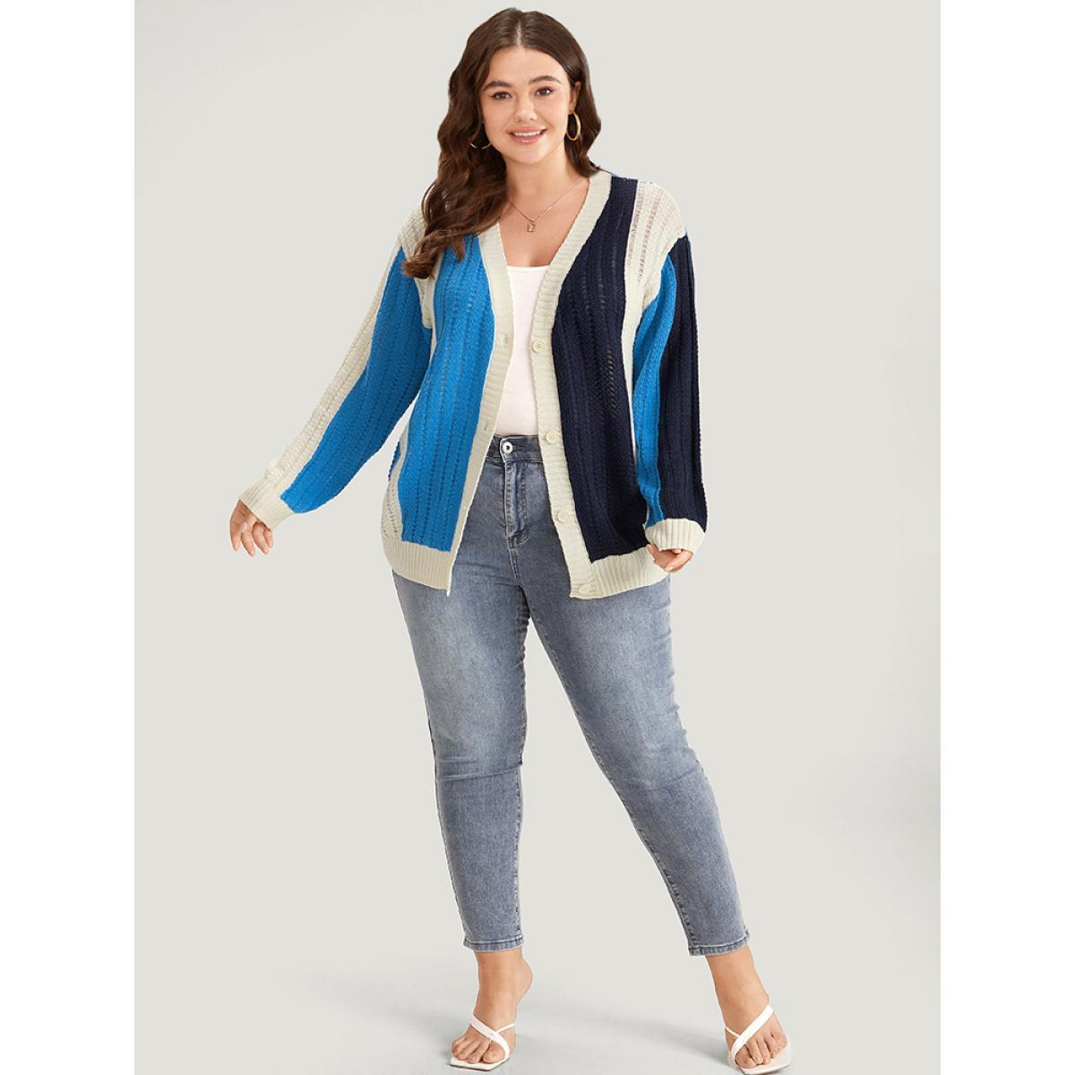 Plus Size Colorblock Contrast Button Down Drop Shoulder Cardigan Blue Women Casual Loose Long Sleeve Everyday Cardigans BloomChic 30/6X Product Image