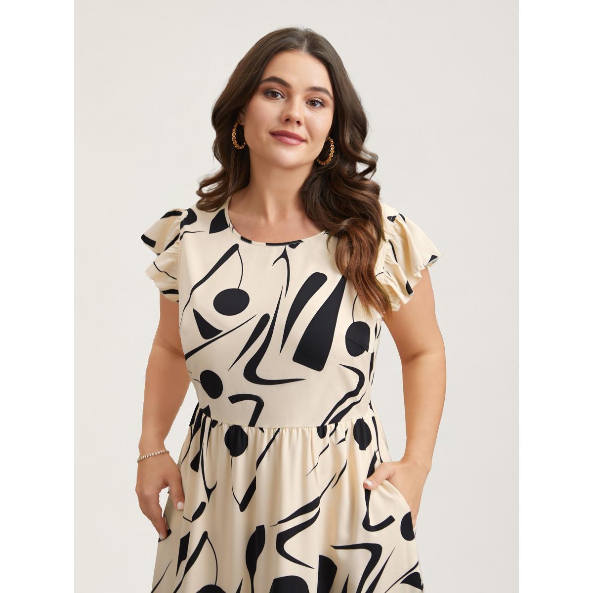 Plus Size Geometric Print Flutter Sleeve Tiered Midi Dress Apricot Women Elegant Ruffles Round Neck Cap Sleeve Curvy BloomChic 18-20/2X Product Image