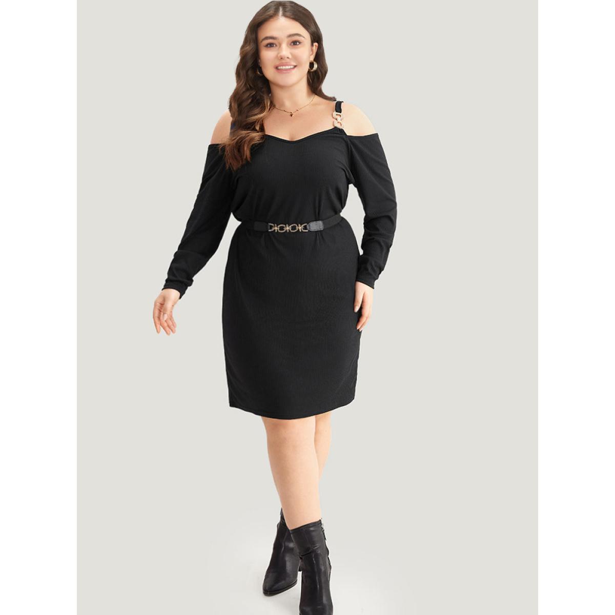 Plus Size Plain Rib Knit Metal Detail Cami Dress Black Women Casual Texture Spaghetti Strap Long Sleeve Curvy Knee Dress BloomChic 28/5X Product Image