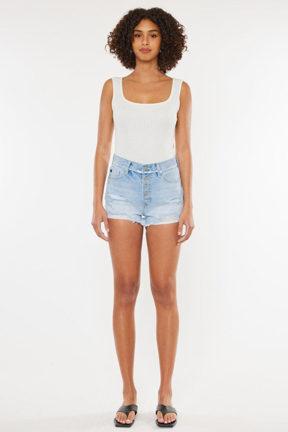 Kancan Distressed Button Fly Denim Shorts Product Image