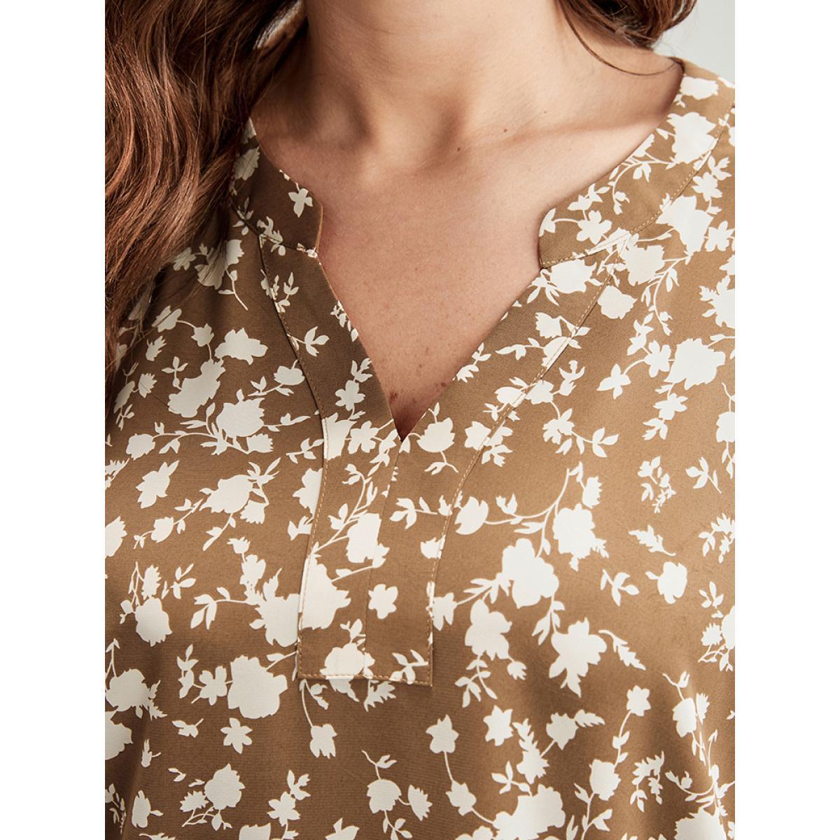 Plus Size Bronze Floral Lantern Sleeve Arc Hem Blouse Women Elegant Long Sleeve V-neck Dailywear Blouses BloomChic 10/M Product Image